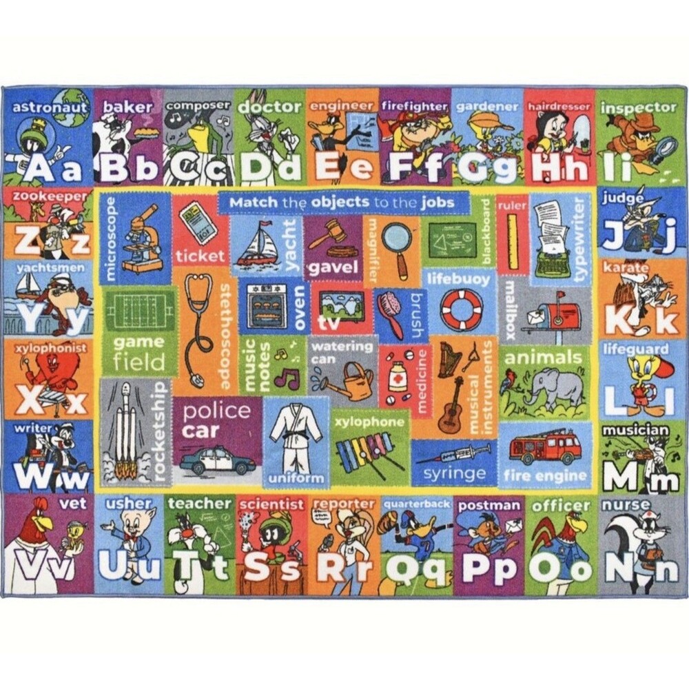 Looney Tunes ABC Alphabet Jobs Objects Rug Educational Game Play Mat 5’2”x6’6”